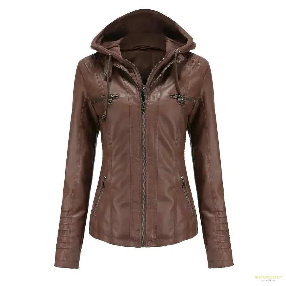 2024 Women's Hooded Leather Jacket 2 Pieces Set with Detachable Large Leather Jacket for Women Spring  Autumn PU Leather Jacket