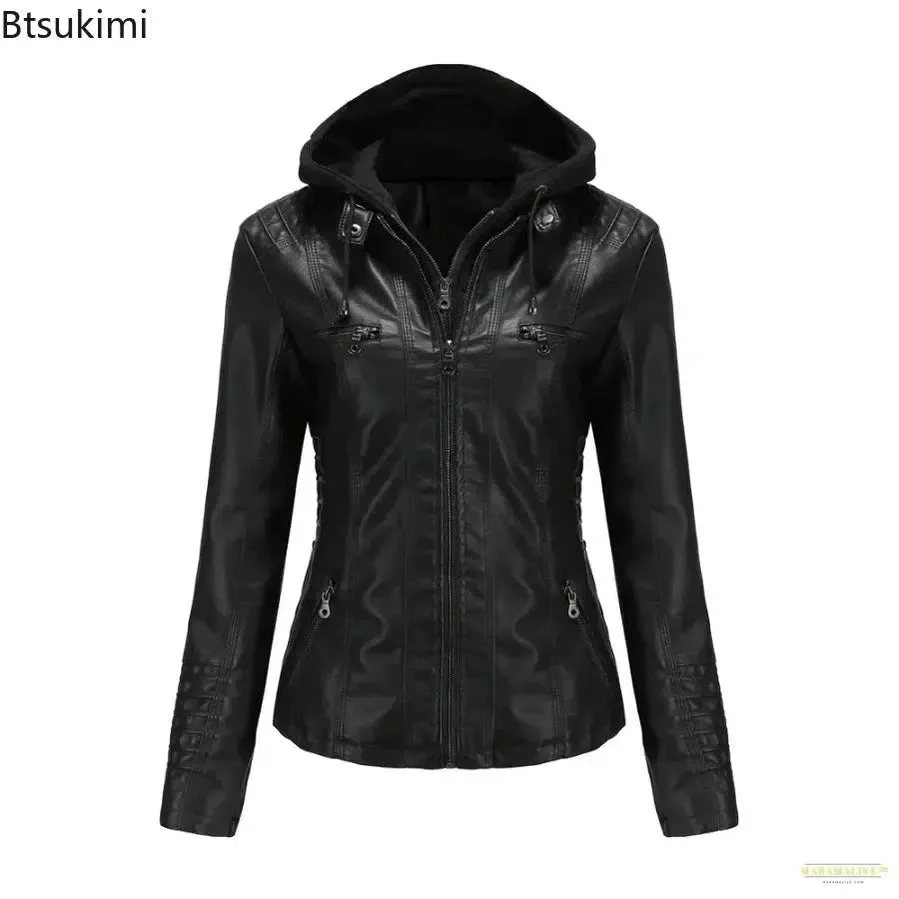 2024 Women's Hooded Leather Jacket 2 Pieces Set with Detachable Large Leather Jacket for Women Spring  Autumn PU Leather Jacket