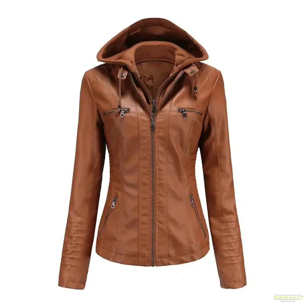 2024 Women's Hooded Leather Jacket 2 Pieces Set with Detachable Large Leather Jacket for Women Spring  Autumn PU Leather Jacket