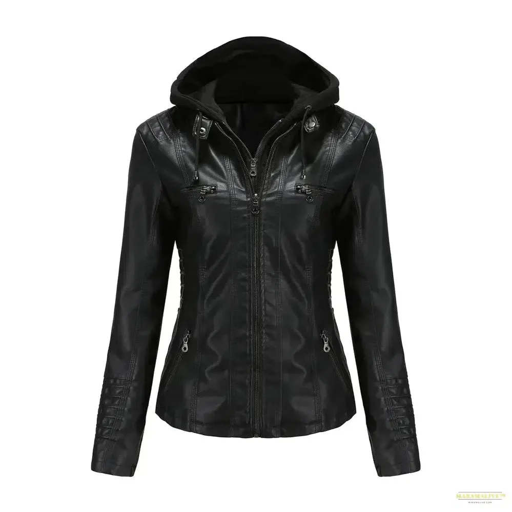 2024 Women's Hooded Leather Jacket 2 Pieces Set with Detachable Large Leather Jacket for Women Spring  Autumn PU Leather Jacket