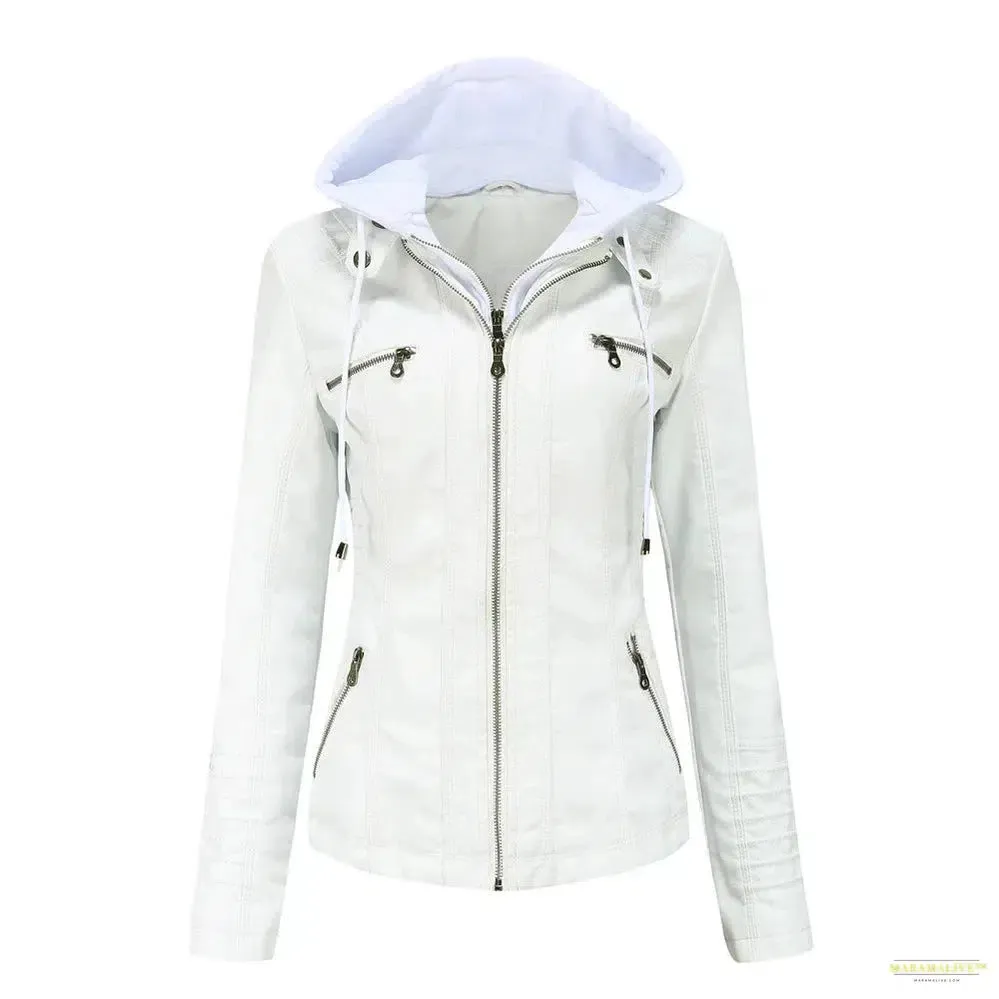 2024 Women's Hooded Leather Jacket 2 Pieces Set with Detachable Large Leather Jacket for Women Spring  Autumn PU Leather Jacket