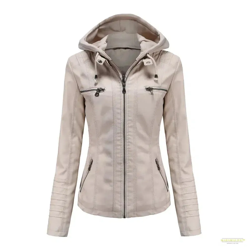 2024 Women's Hooded Leather Jacket 2 Pieces Set with Detachable Large Leather Jacket for Women Spring  Autumn PU Leather Jacket