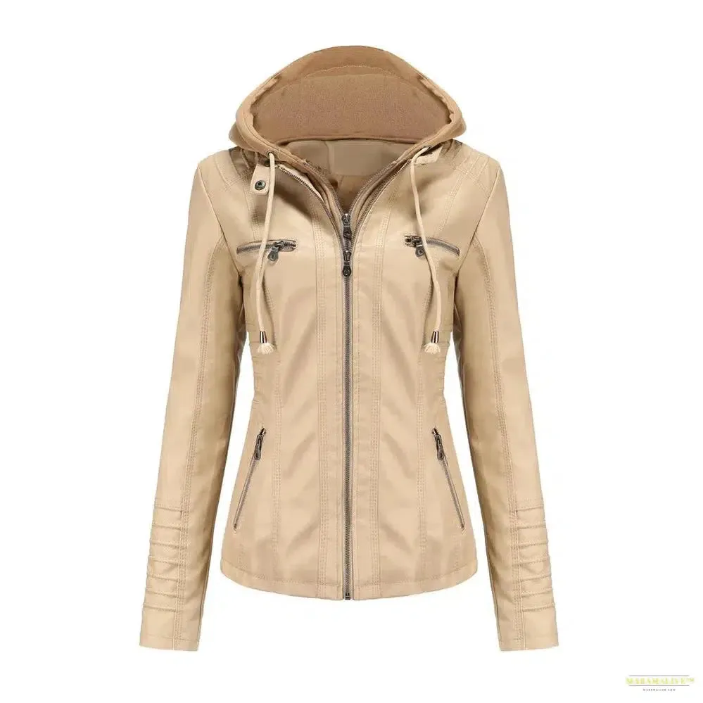 2024 Women's Hooded Leather Jacket 2 Pieces Set with Detachable Large Leather Jacket for Women Spring  Autumn PU Leather Jacket