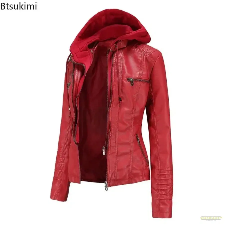 2024 Women's Hooded Leather Jacket 2 Pieces Set with Detachable Large Leather Jacket for Women Spring  Autumn PU Leather Jacket