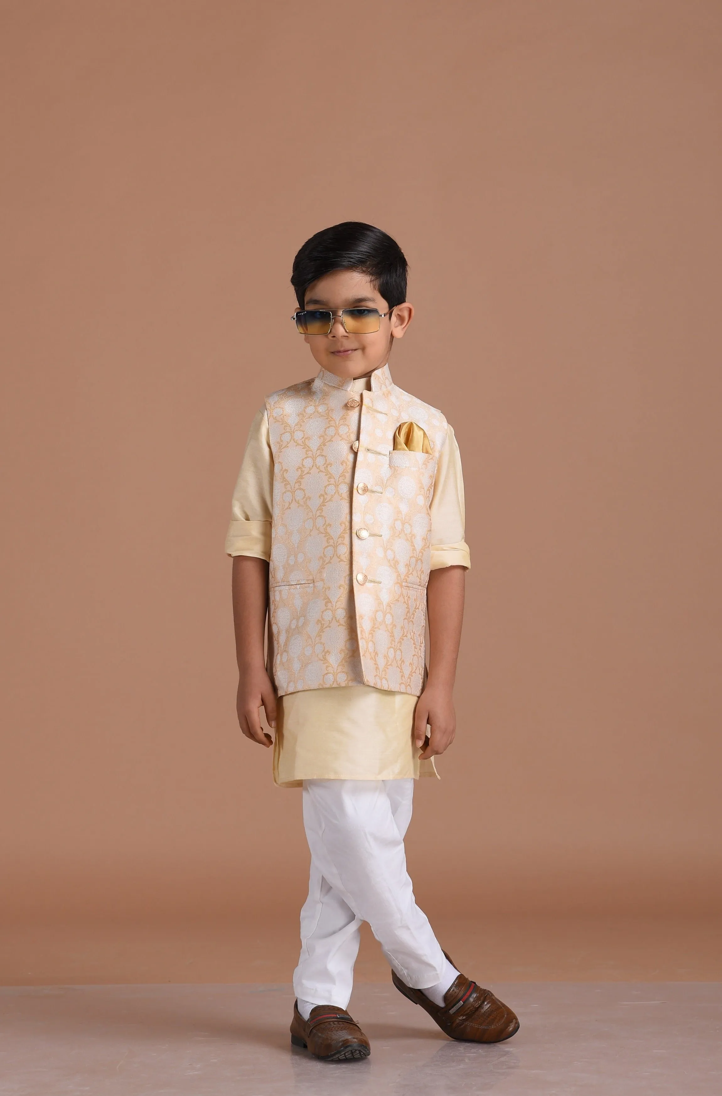 Alluring Cream-Golden Banarasi Silk Half Jodhpuri Jacket with Silk Kurta Pajama Set | Available in Father Son Combo | Best for Occasions