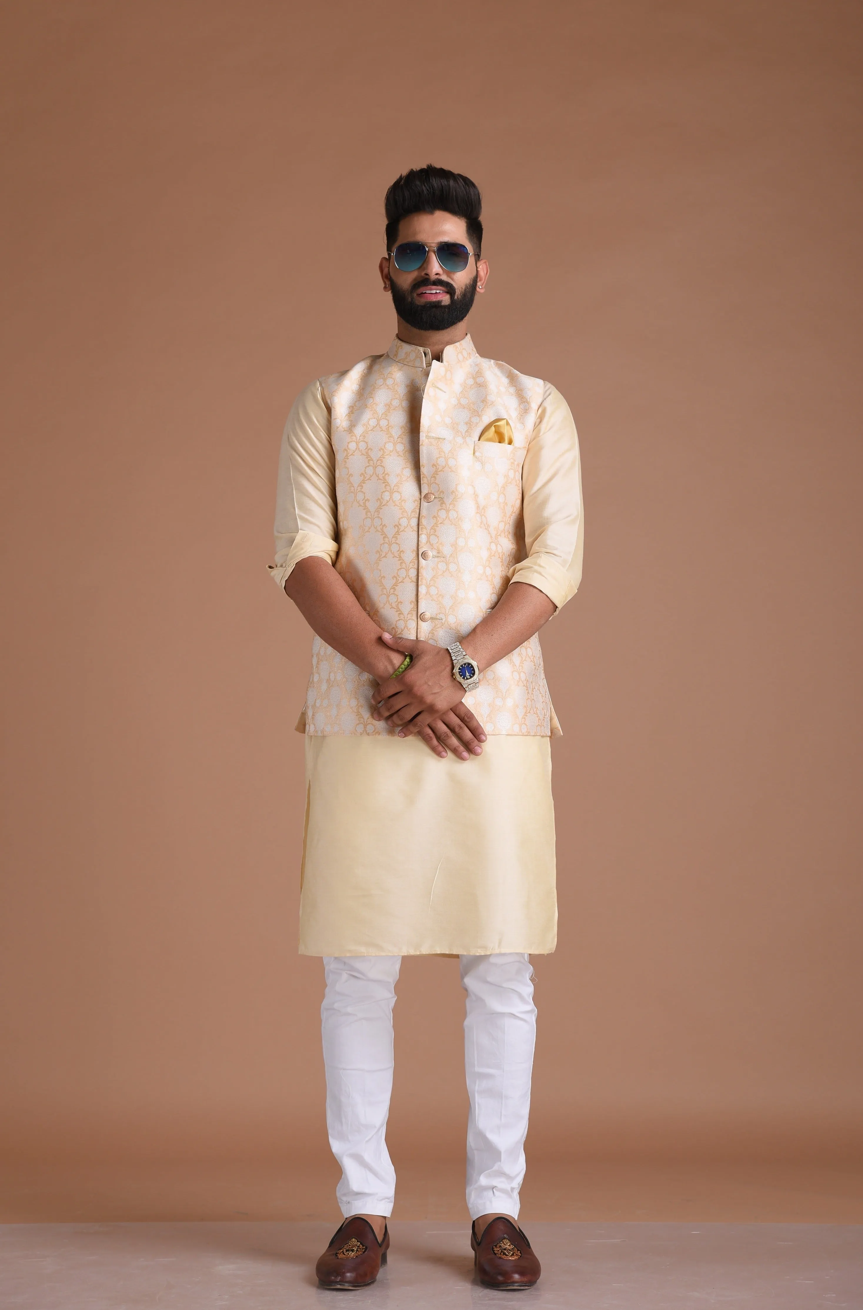 Alluring Cream-Golden Banarasi Silk Half Jodhpuri Jacket with Silk Kurta Pajama Set | Available in Father Son Combo | Best for Occasions