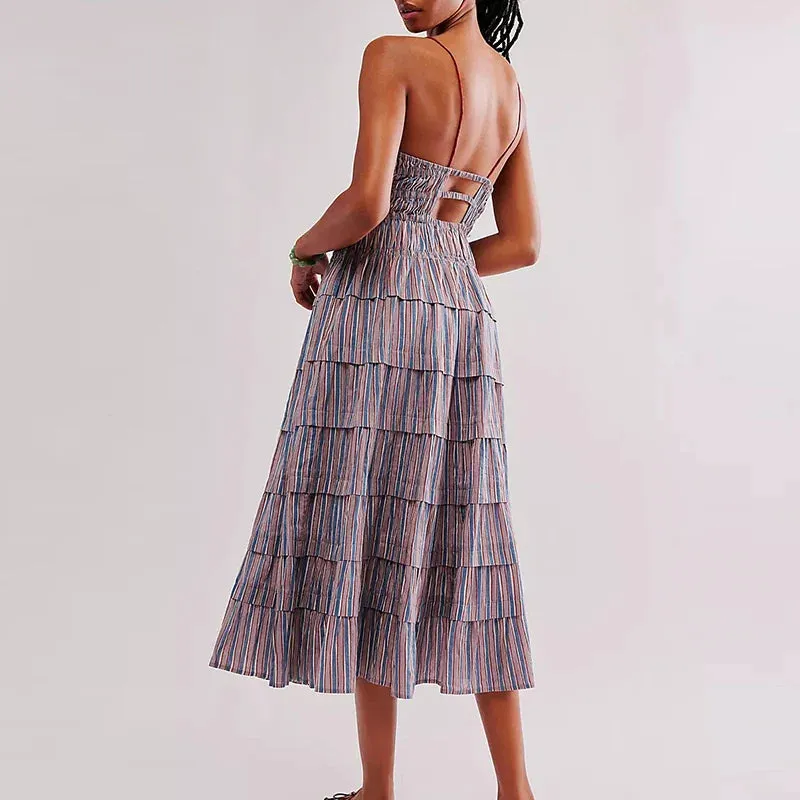 Cake Ruffles Vocation Sexy Colorful Striped Backless Elegant Off Shoulder Floral Summer Dress