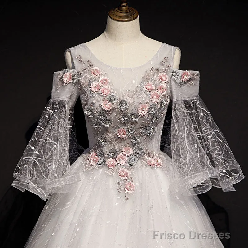 Charming Floral And Lace Ball Gown Sweet 16 Dress, Light Grey Party Dress