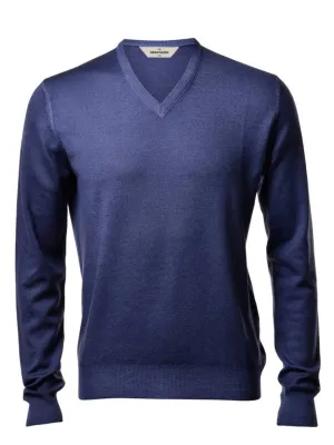 Gran Sasso Vintage Wash Extrafine Merino V-Neck in Denim