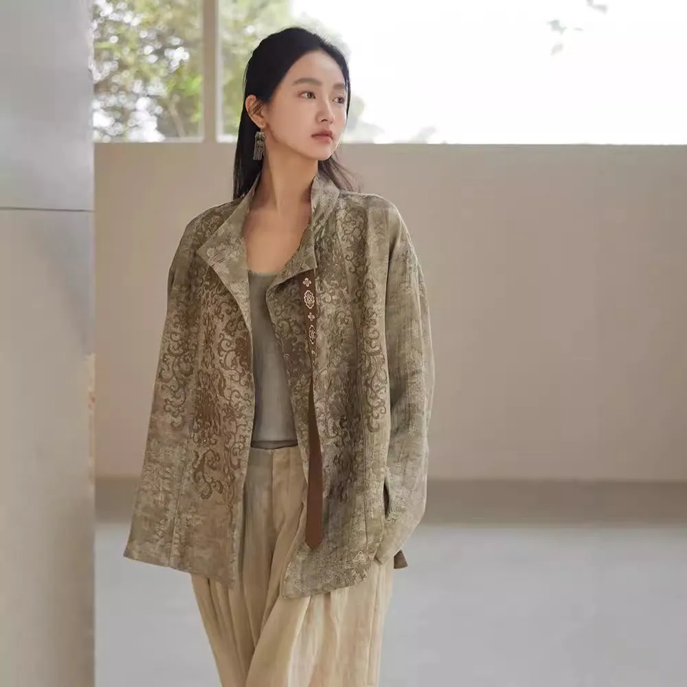 Jacket Women's Spring and Autumn Wear Tencel Linen Fried Cardigan Baoxianhua Embroidered Hu Clothing Short Jacket B0717