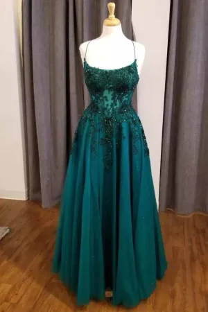 kamahe Simple Hunter Green Floral Lace Scoop Neck A-Line Prom Dress
