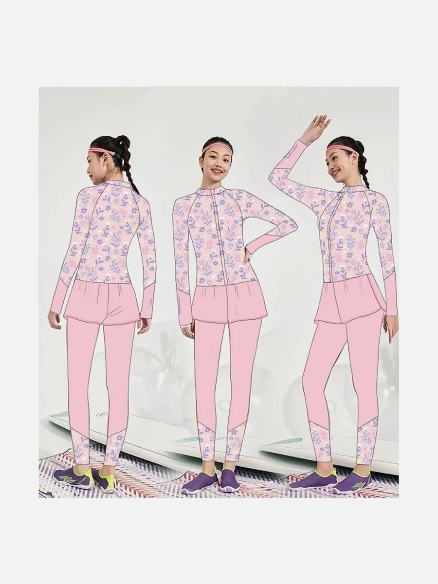 Little Surprise Box,3pcs Pink Flower Power Matching Top, leggings & Jacket style Swimwear set for Pre Teens & Teens(140)