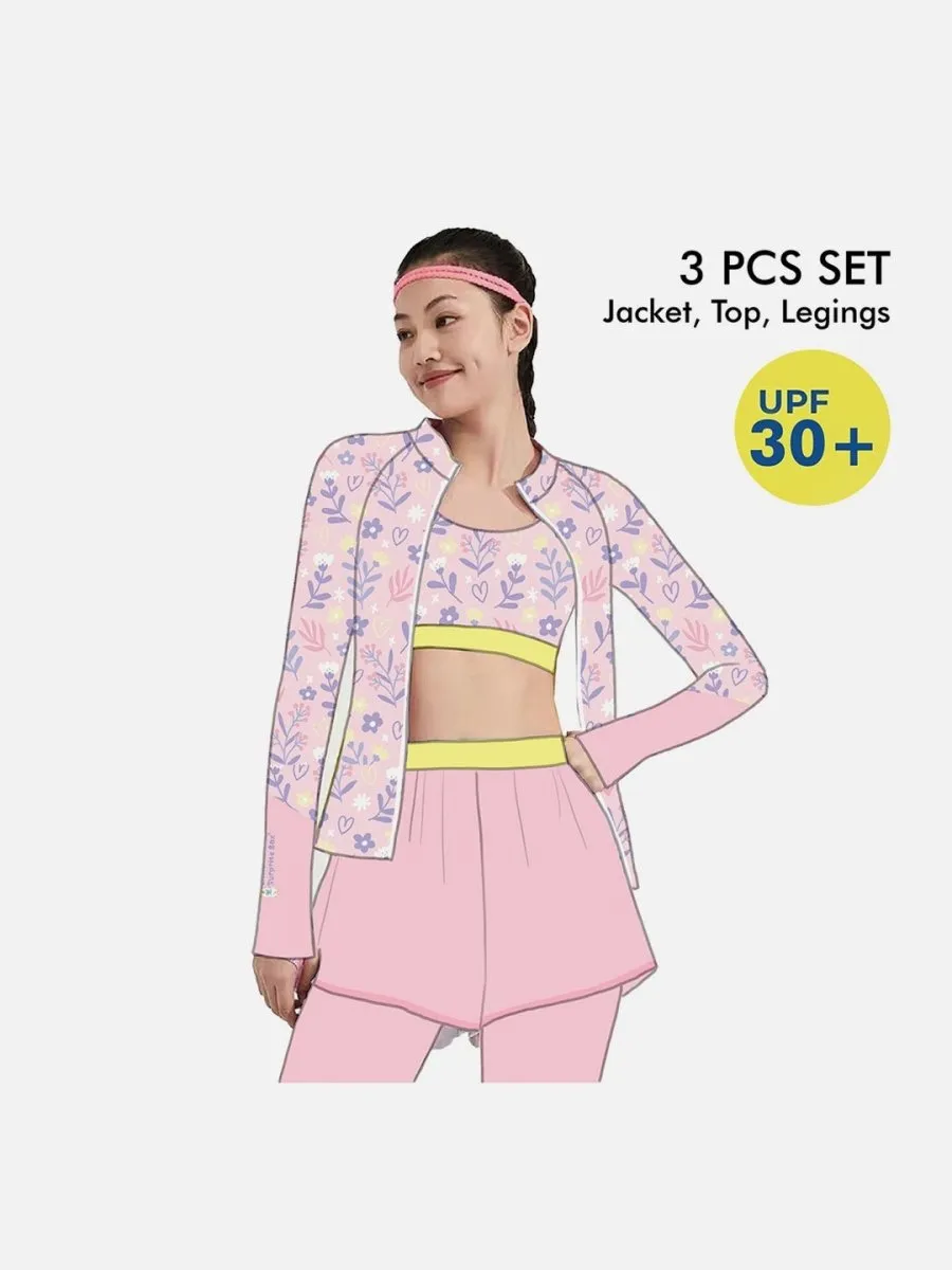 Little Surprise Box,3pcs Pink Flower Power Matching Top, leggings & Jacket style Swimwear set for Pre Teens & Teens(140)