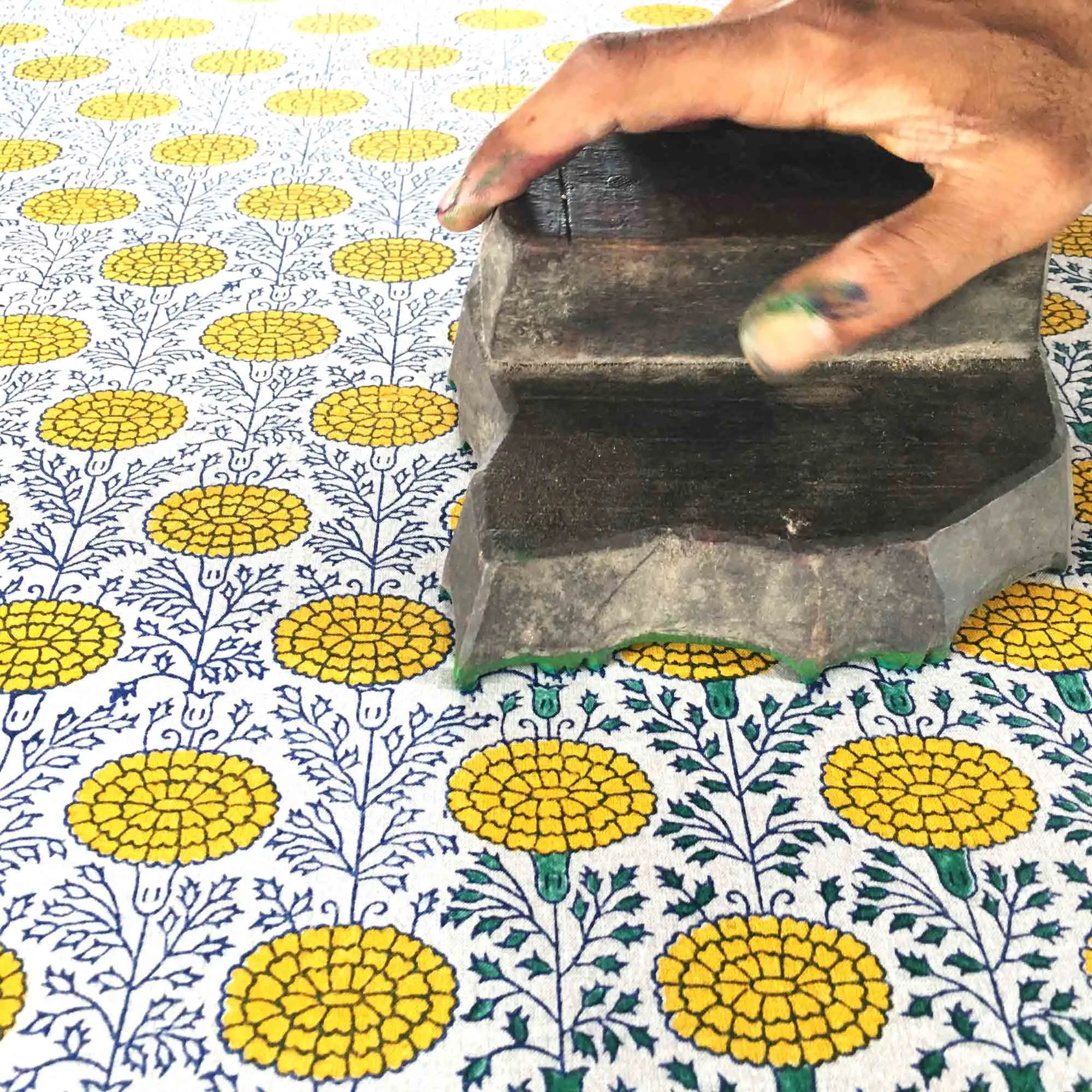 Marigold in Yellow - Hand Block Printed Cotton Fabric