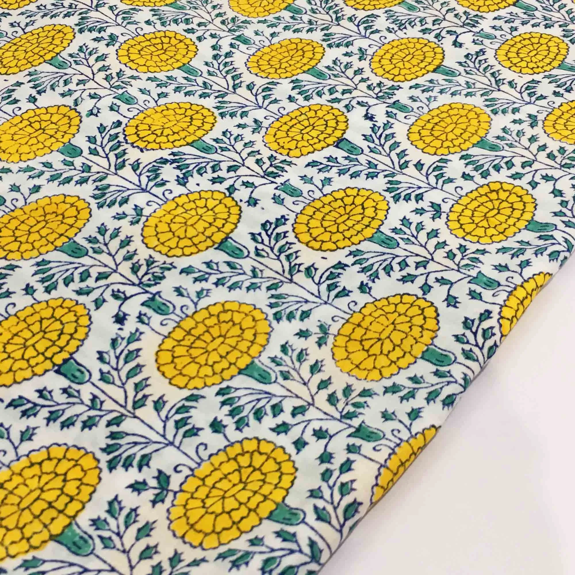 Marigold in Yellow - Hand Block Printed Cotton Fabric