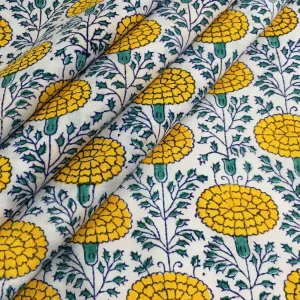 Marigold in Yellow - Hand Block Printed Cotton Fabric