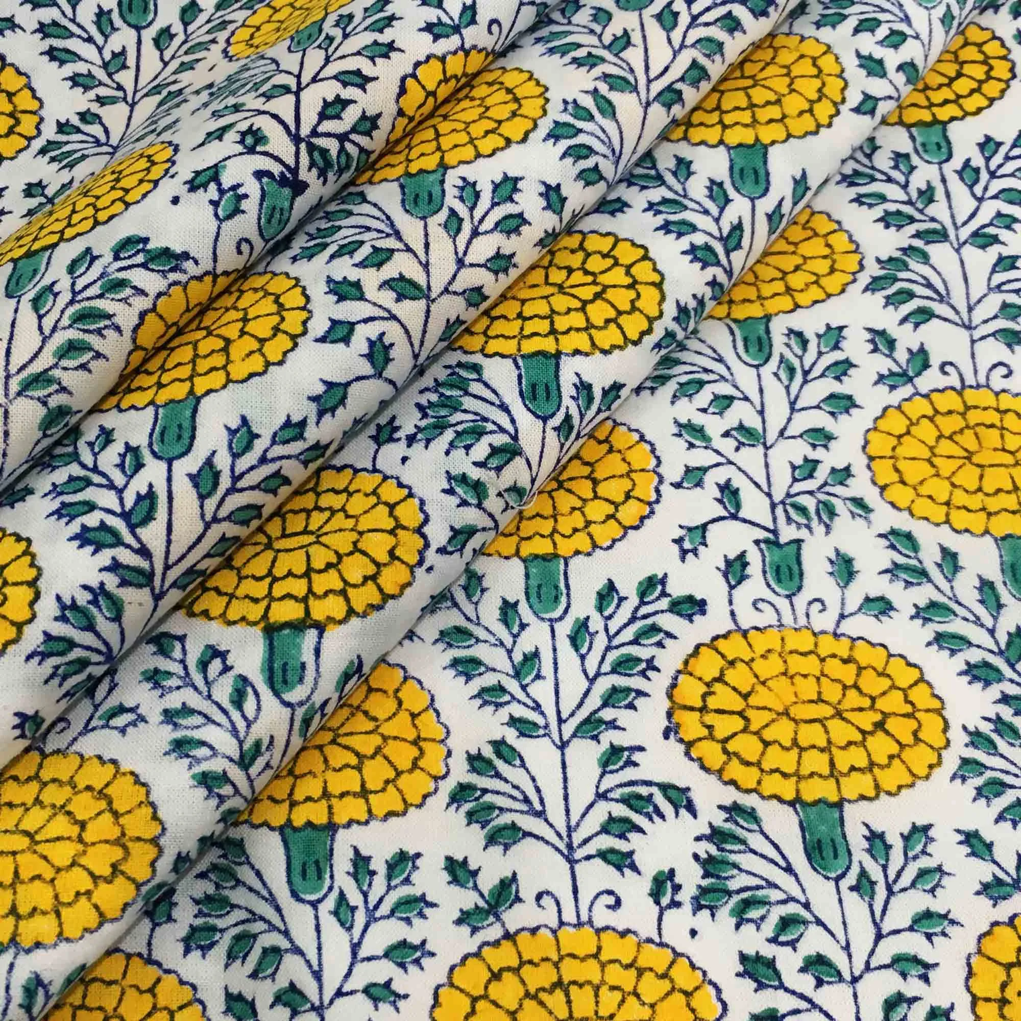 Marigold in Yellow - Hand Block Printed Cotton Fabric