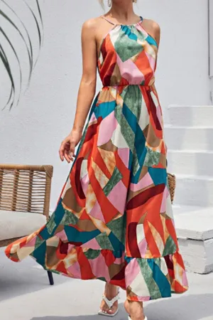 Multicolored Tied Grecian Neck Maxi Dress