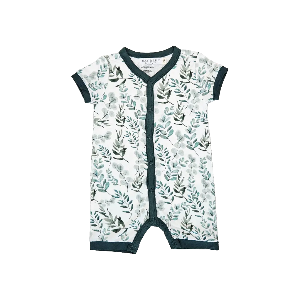 Short Sleeve Bamboo Romper - Green Leaves