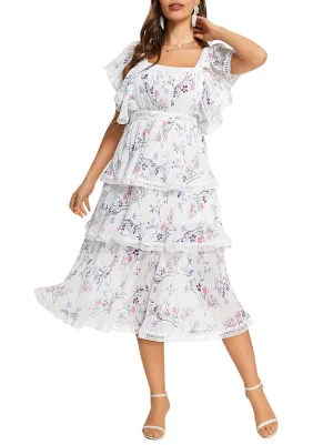 Vintage Floral Print Square Neckline High Waist Layered Dress with Flutter Sleeve