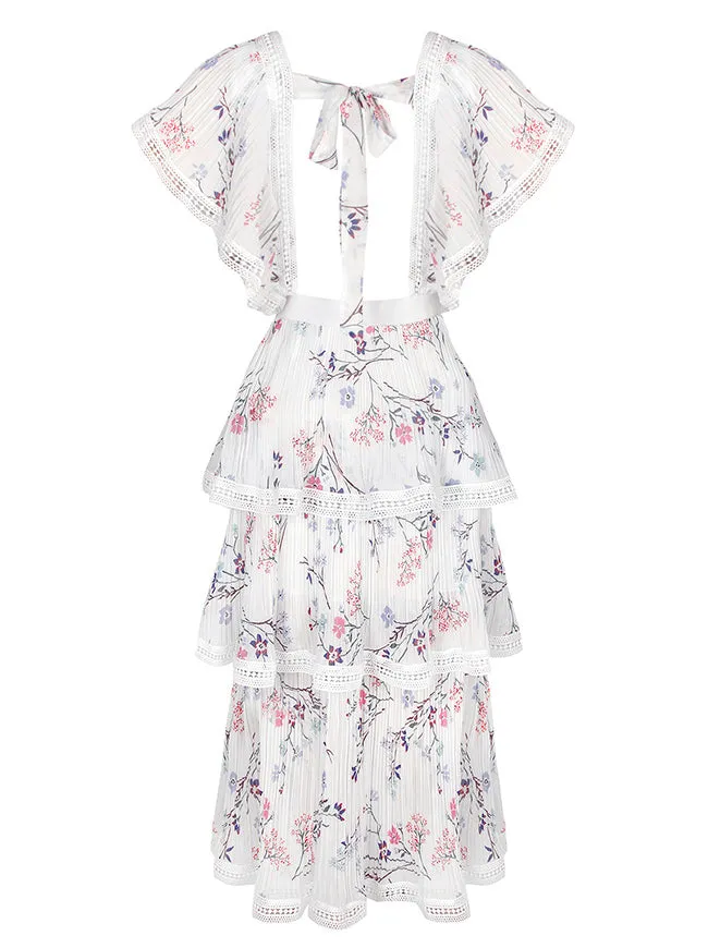 Vintage Floral Print Square Neckline High Waist Layered Dress with Flutter Sleeve