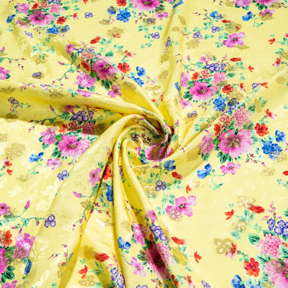 Wild Floral Printed Yellow Metallic Silk Jacquard