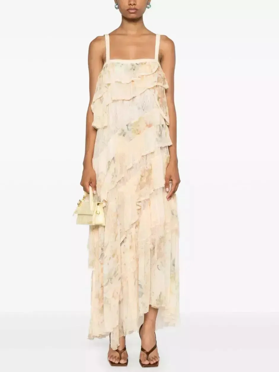 Women’s Asymmetric Floral-Print Ruffle-Tiered Lace-Trim Dress