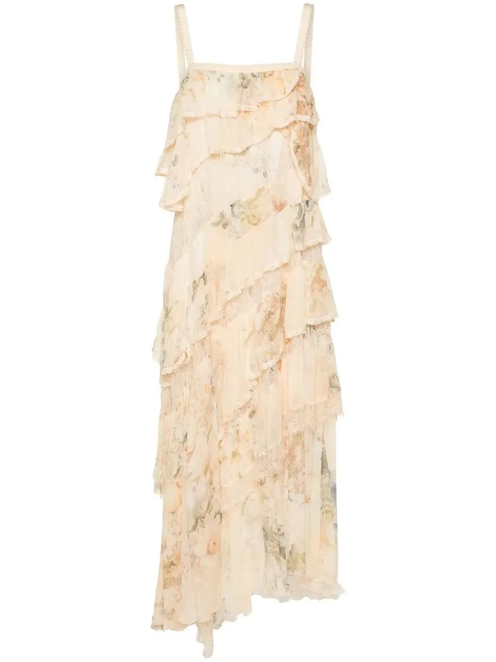 Women’s Asymmetric Floral-Print Ruffle-Tiered Lace-Trim Dress