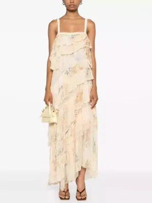 Women’s Asymmetric Floral-Print Ruffle-Tiered Lace-Trim Dress