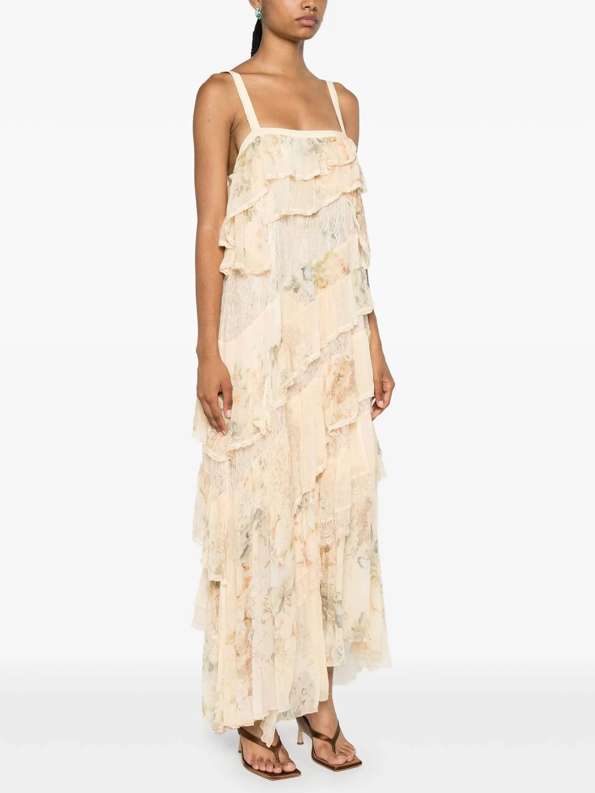 Women’s Asymmetric Floral-Print Ruffle-Tiered Lace-Trim Dress