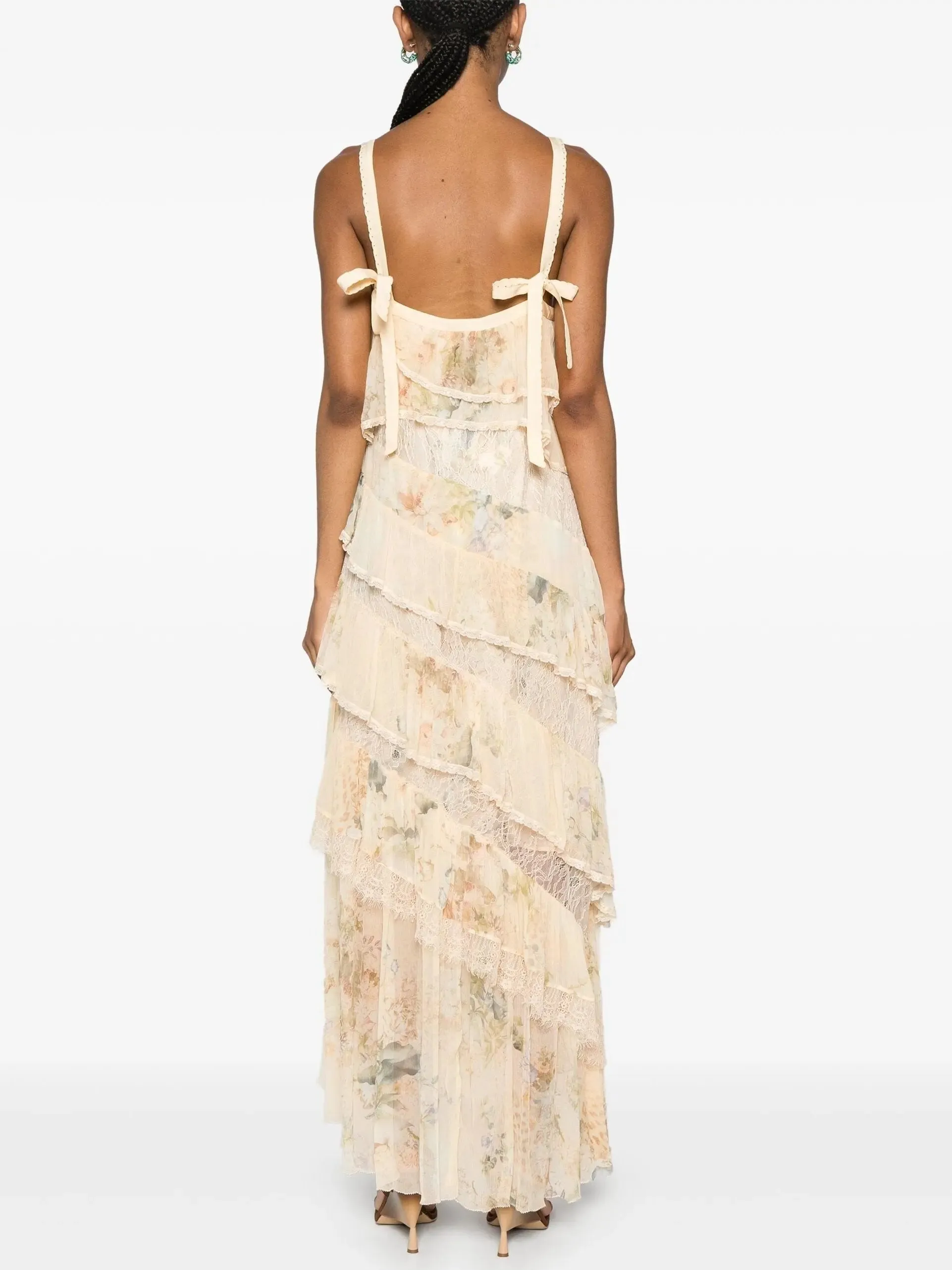 Women’s Asymmetric Floral-Print Ruffle-Tiered Lace-Trim Dress